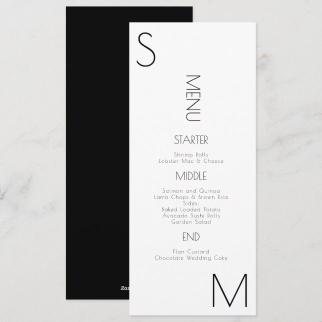 Menú de Boda Negro Blanco con Esquina Monogramada (Anverso / Reverso)