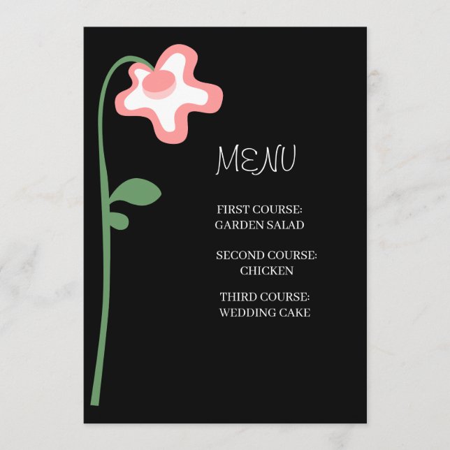 Menú de Boda Negro Floral Rosa Caprichoso (Anverso)