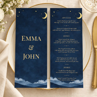 Menú de Boda Noche Estrellada Azul Celeste Dorado