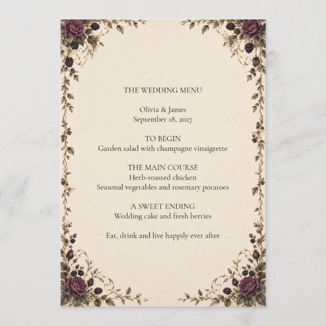 Menú de Boda Once Upon a Midnight Plum Rose (Anverso)