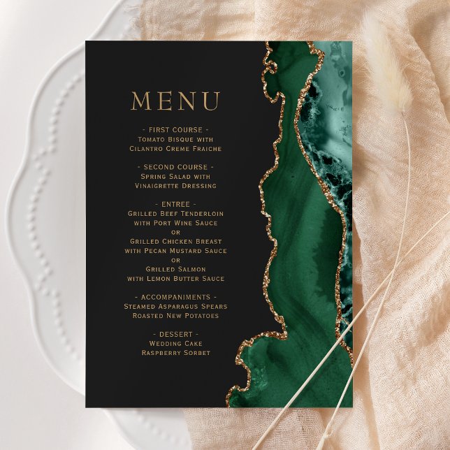 Menú de boda oscuro de ágata dorada verde esmerald (Subido por el creador)