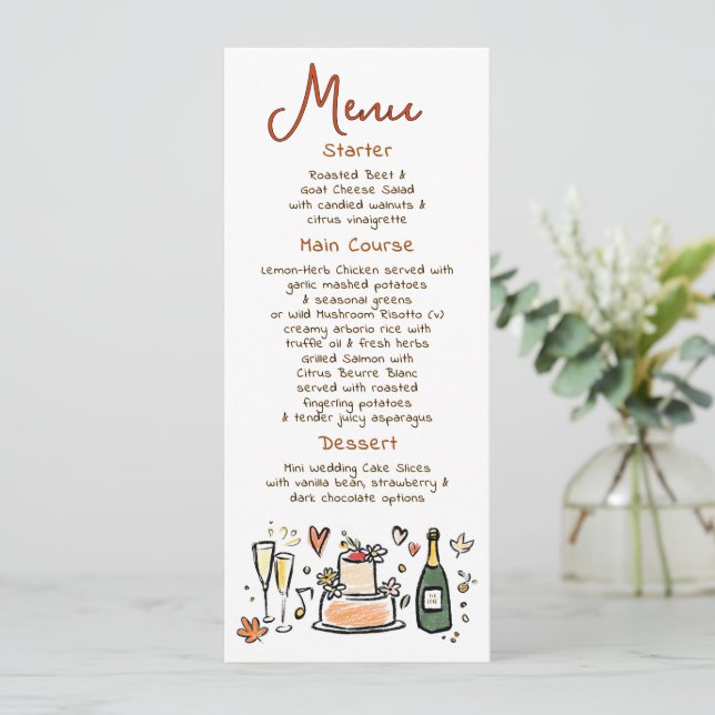 Menú de boda otoñal caprichoso y funky escrito a m (Anverso de pie)