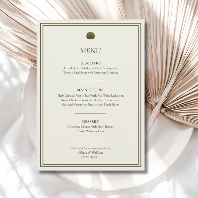 Menú de Boda Palma Marfil y Dorado (Ivory & Gold Palm wedding menu with personalized courses, names and date for an elegant reception)