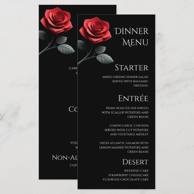 Menú de boda para cenar y bar - Rosa Única (Anverso / Reverso)