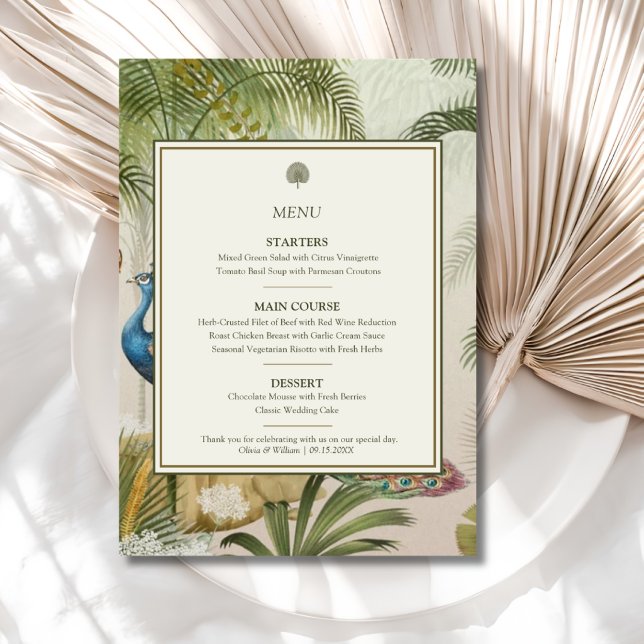 Menú de Boda Peacock Palm (Peacock Palm wedding menu with personalized courses, names and date for a tropical reception)