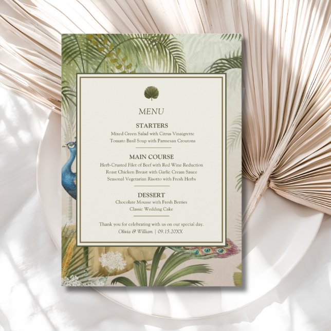 Menú de Boda Peacock Palm (Peacock Palm wedding menu with personalized courses, names and date for a tropical reception)