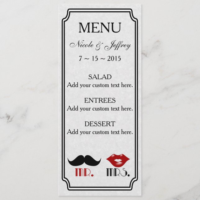 Menú de boda personalizada Retro Mustache (Anverso)