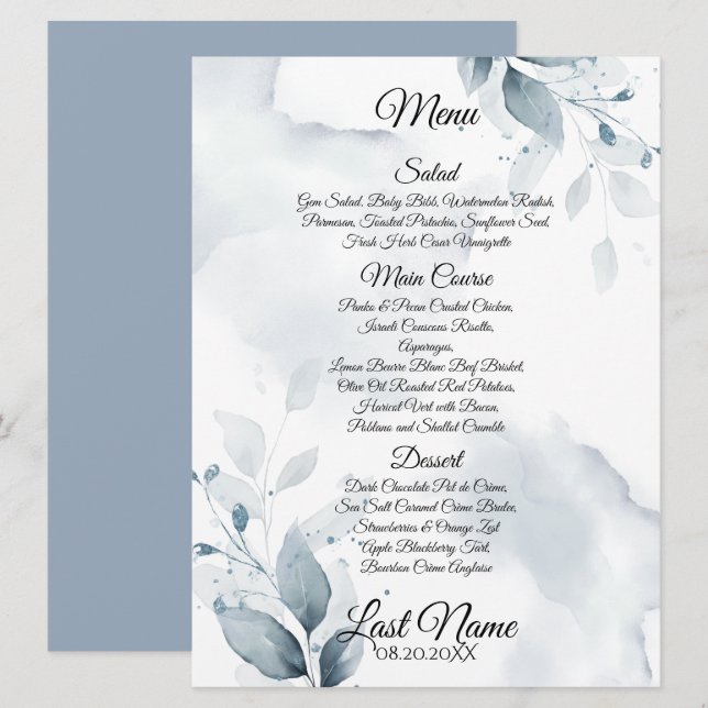 Menú de boda | Personalizado 1 Dusty Blue Botanica (Anverso / Reverso)
