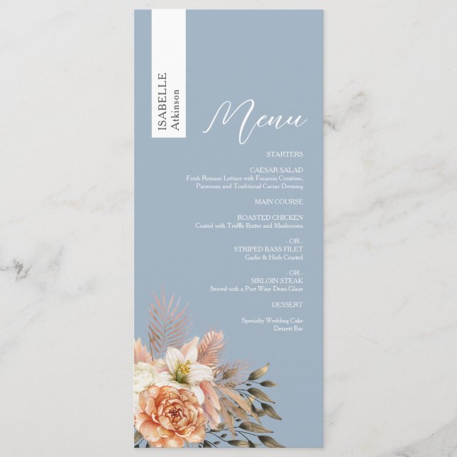 Menú de Boda Personalizado Dusty Blue con Nombre (Anverso)