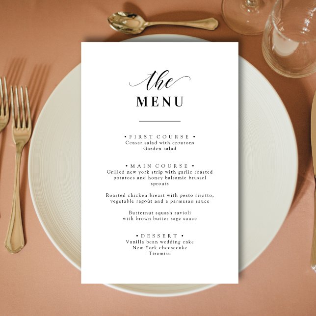 Menú de Boda Personalizado Elegante en Negro y Bla (Personalized elegant black and white wedding menu adds a refined, custom touch to each place setting)