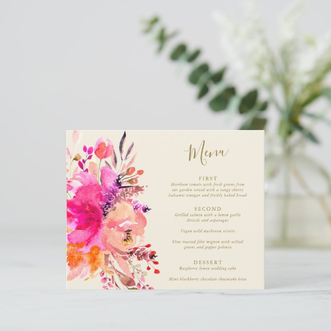 Menú de boda personalizado floral acuarela rosa pr (Anverso de pie)