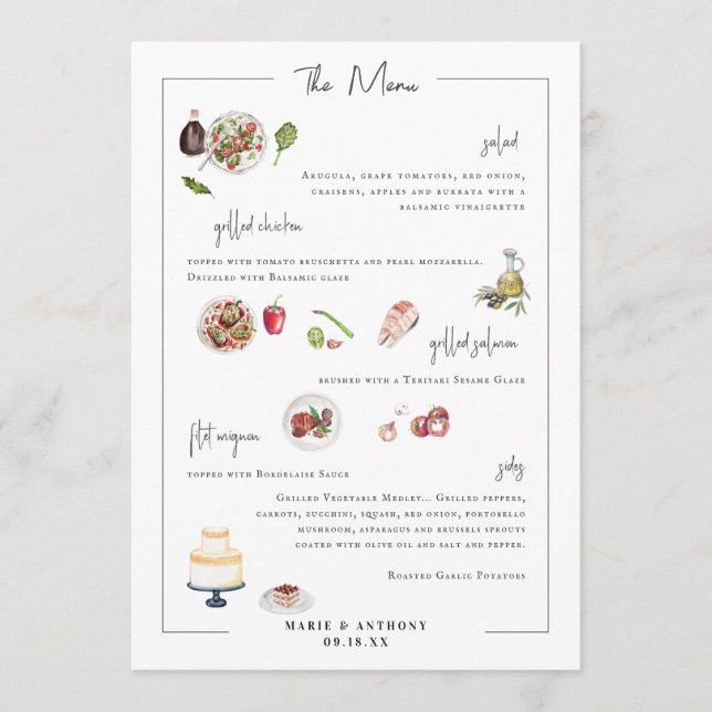 Menú de Boda Personalizado Ilustrado (Anverso)