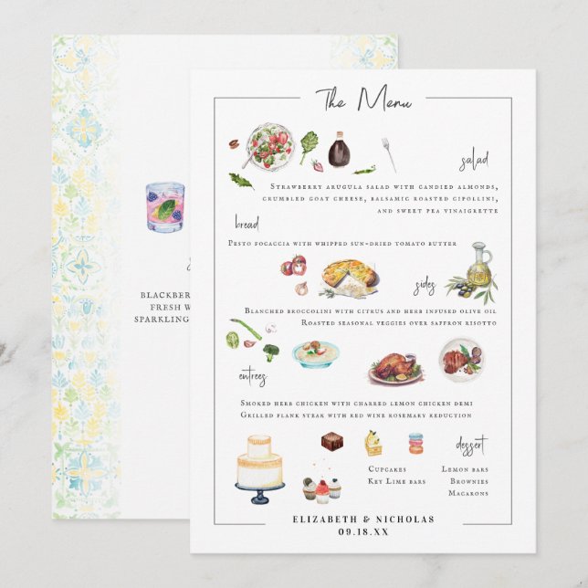 Menú de Boda Personalizado Ilustrado (Anverso / Reverso)