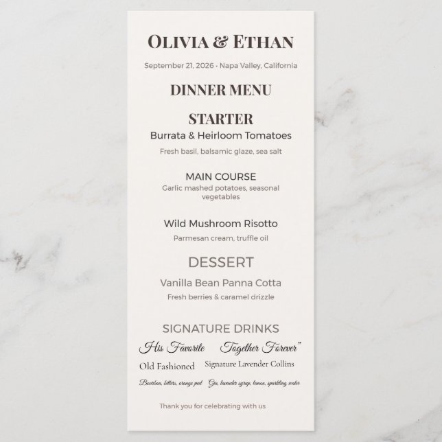 Menú de Boda Plano | Tarjeta de Recepción Personal (Anverso)