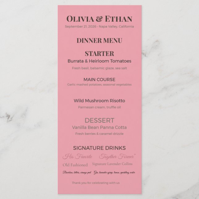 Menú de Boda Plano | Tarjeta de Recepción Personal (Anverso)