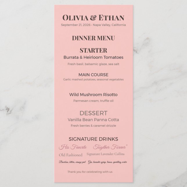 Menú de Boda Plano | Tarjeta de Recepción Personal (Anverso)