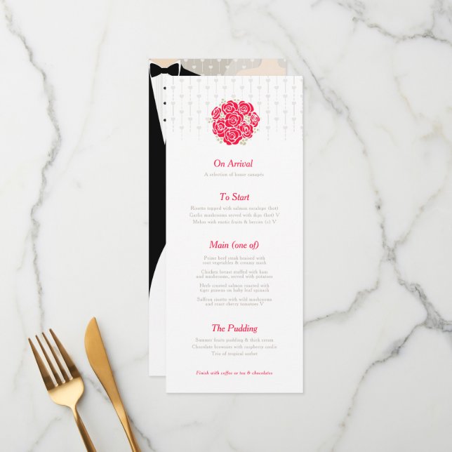 Menú de boda ramo verde de novia y novio rojo (Anverso/Reverso In Situ)