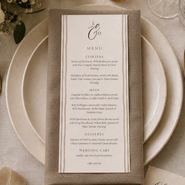 Menú de Boda Rayado de Chocolate Marrón Bohemio Mi (Minimalist Boho Cocoa Brown Striped Wedding Menu)