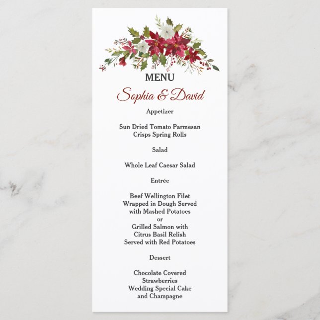 Menú de Boda Rojo Blanco Poinsettia de Navidad (Anverso)