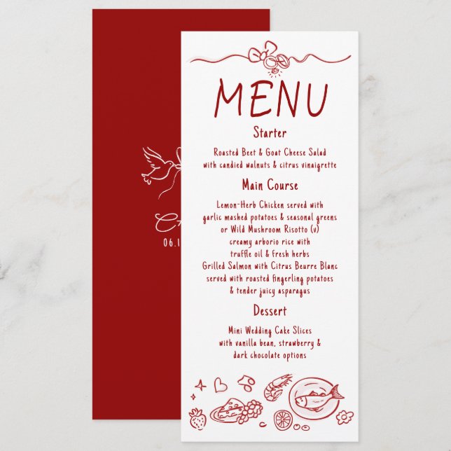 Menú de Boda Rojo Manuscrito Decoración Caprichosa (Anverso / Reverso)