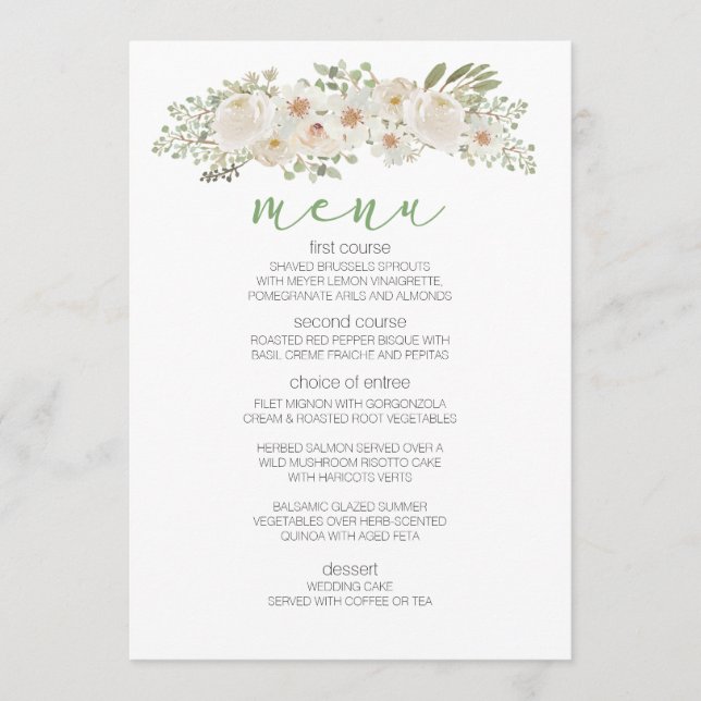 Menú de Boda Romántico Floral Blanco Elegante (Anverso)