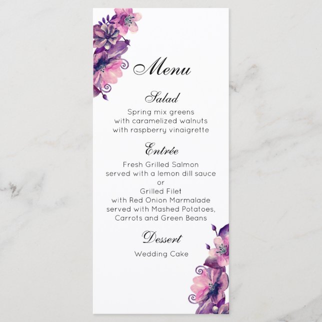Menú de boda romántico rosa. Menú de cena morado (Anverso)