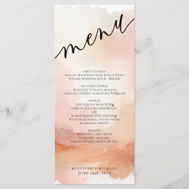 Menú de Boda Rosa Dorado Acuarela Frío (Anverso)