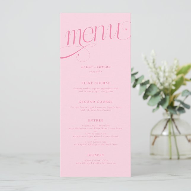 Menú de Boda Rosa Elegante Remolino (Anverso de pie)
