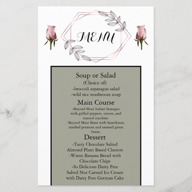 Menú de Boda Rosa Polvo Verde con Rosas (Anverso)