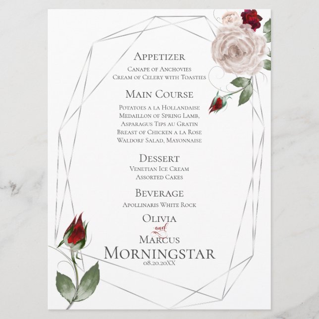 Menú de boda | Rosas de acuarela de Rubor y vino (Anverso)