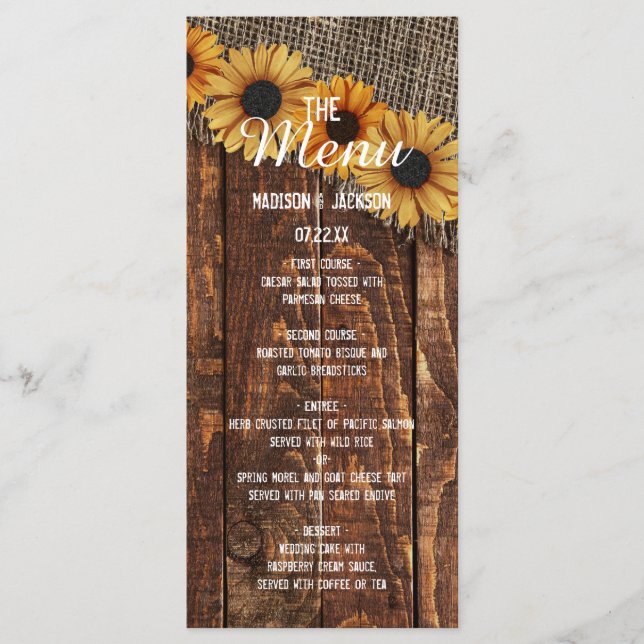 Menú de Boda Rústica Burlap Sunflower Country Wedd (Anverso)