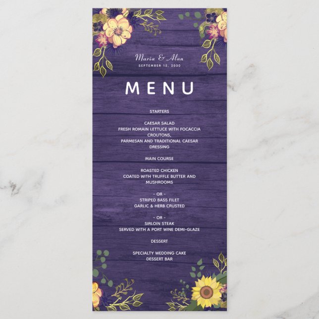 Menú de Boda Rústica con Flores Purpúreas (Anverso)
