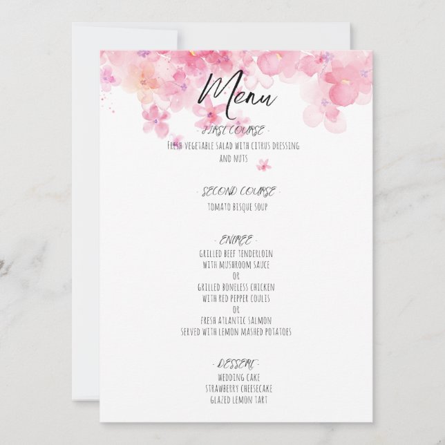 Menú de boda rústica con flores silvestres rosadas (Anverso)