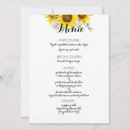 Menú de boda rústica con girasoles y rosas blancas