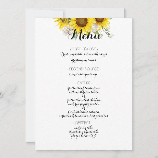 Menú de boda rústica con girasoles y rosas blancas (Anverso)