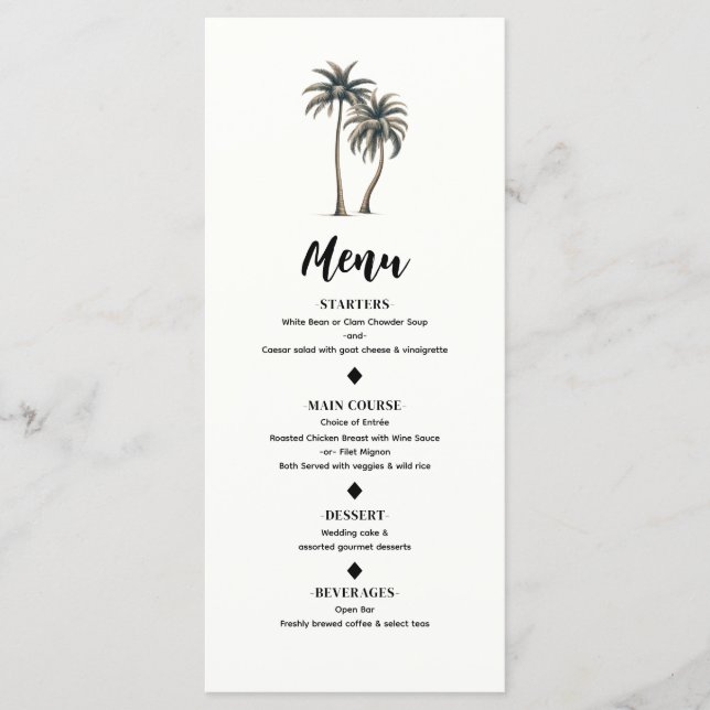 Menú de Boda Rústica Costera con Palma Tropical (Anverso)