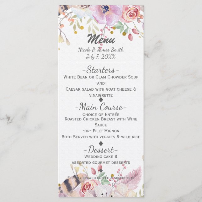 Menú de Boda Rústica de Campo con Flores y Cuernec (Anverso)