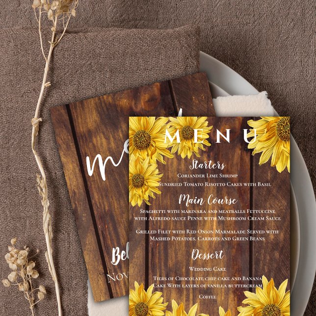 Menú de Boda Rústica de Giro Amarillo de Madera Ca (Rustic Wood Sunflower Yellow Wedding Party Menu)