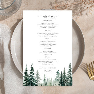 Menú de boda rústico con árboles de pino en el bos