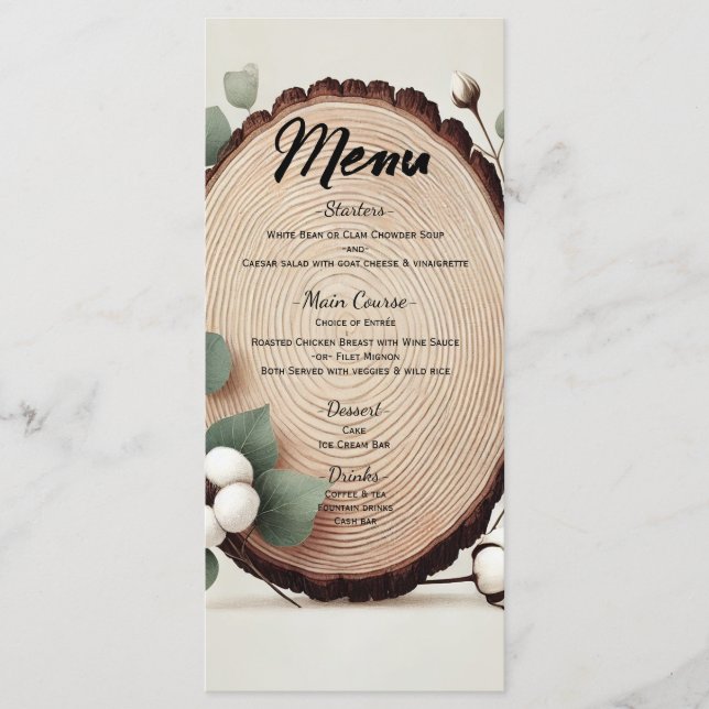 Menú de Boda Rústico de Algodón de Eucalipto de Ma (Anverso)