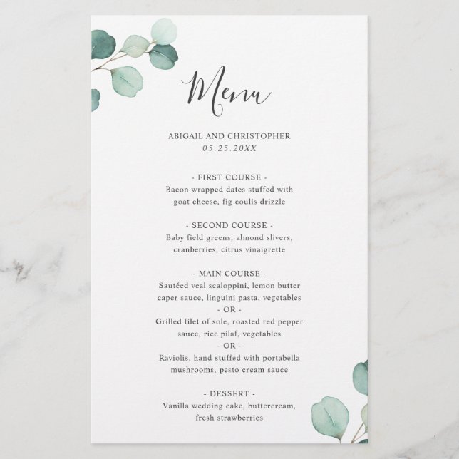 Menú de Boda Rústico de Eucalipto Elegante Simple (Anverso)