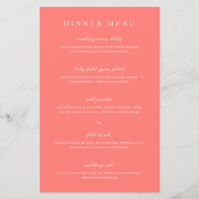 Menú de Boda Simple Coral Vibrante y Moderno (Frente)