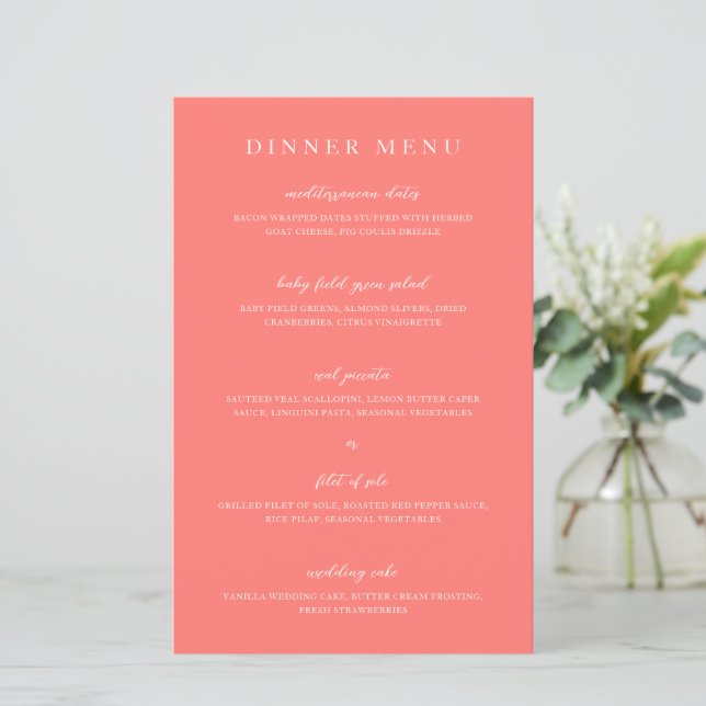 Menú de Boda Simple Coral Vibrante y Moderno (Anverso de pie)