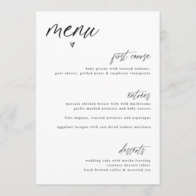 Menú de Boda Simple Corazón Escritura a Mano Diver (Anverso)