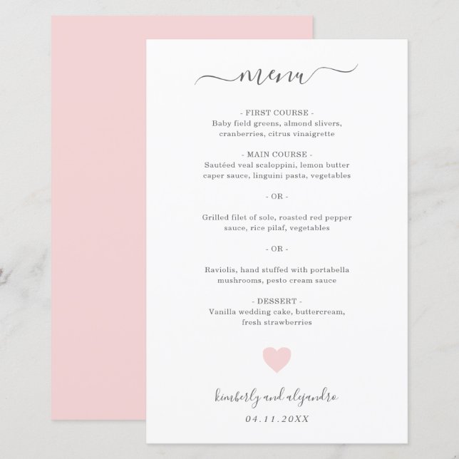 Menú de Boda Simple Corazón Rosa Lindo (Anverso / Reverso)