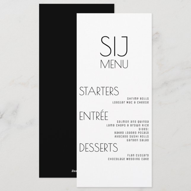 Menú de Boda Simple Moderno Blanco y Negro (Anverso / Reverso)