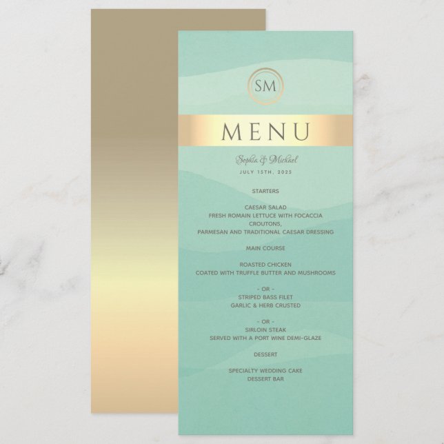 Menú de boda simple verde y dorado (Anverso / Reverso)