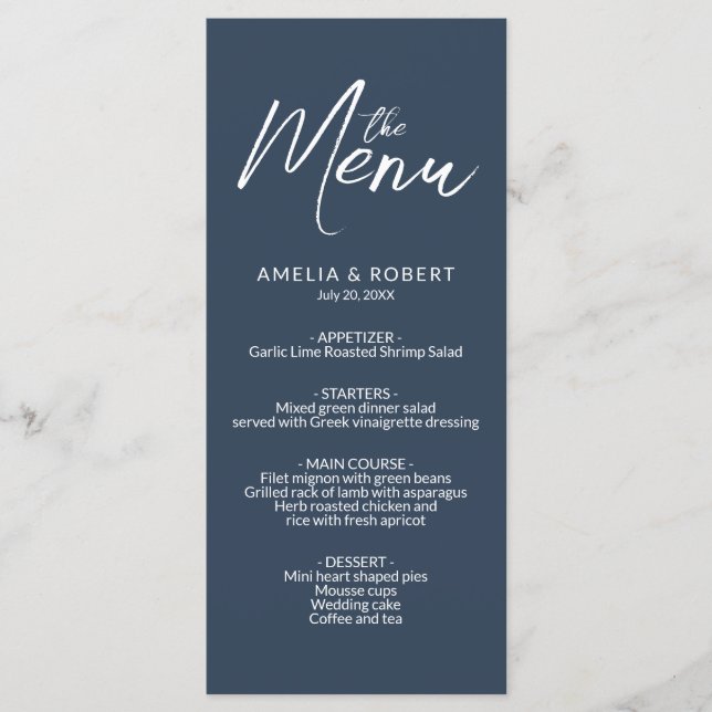 Menú de Boda Simple y Elegante Azul Marino Moderno (Anverso)
