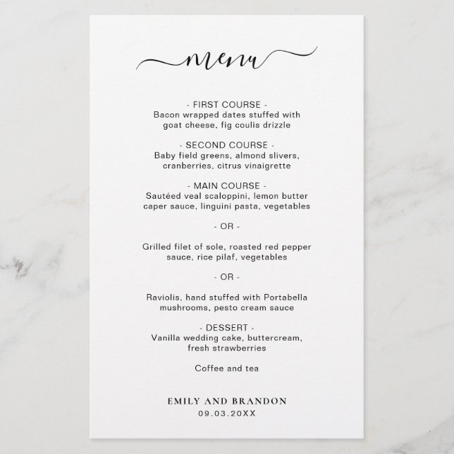 Menú de Boda Simple y Elegante Moderno (Anverso)