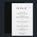 Menú de Boda Simple y Moderno con Corazón Adorable<br><div class="desc">Menú de boda moderno que presenta un diseño simple y minimalista en negro y blanco con la palabra "menú" en una tipografía elegante y un corazón adorable al final.</div>
